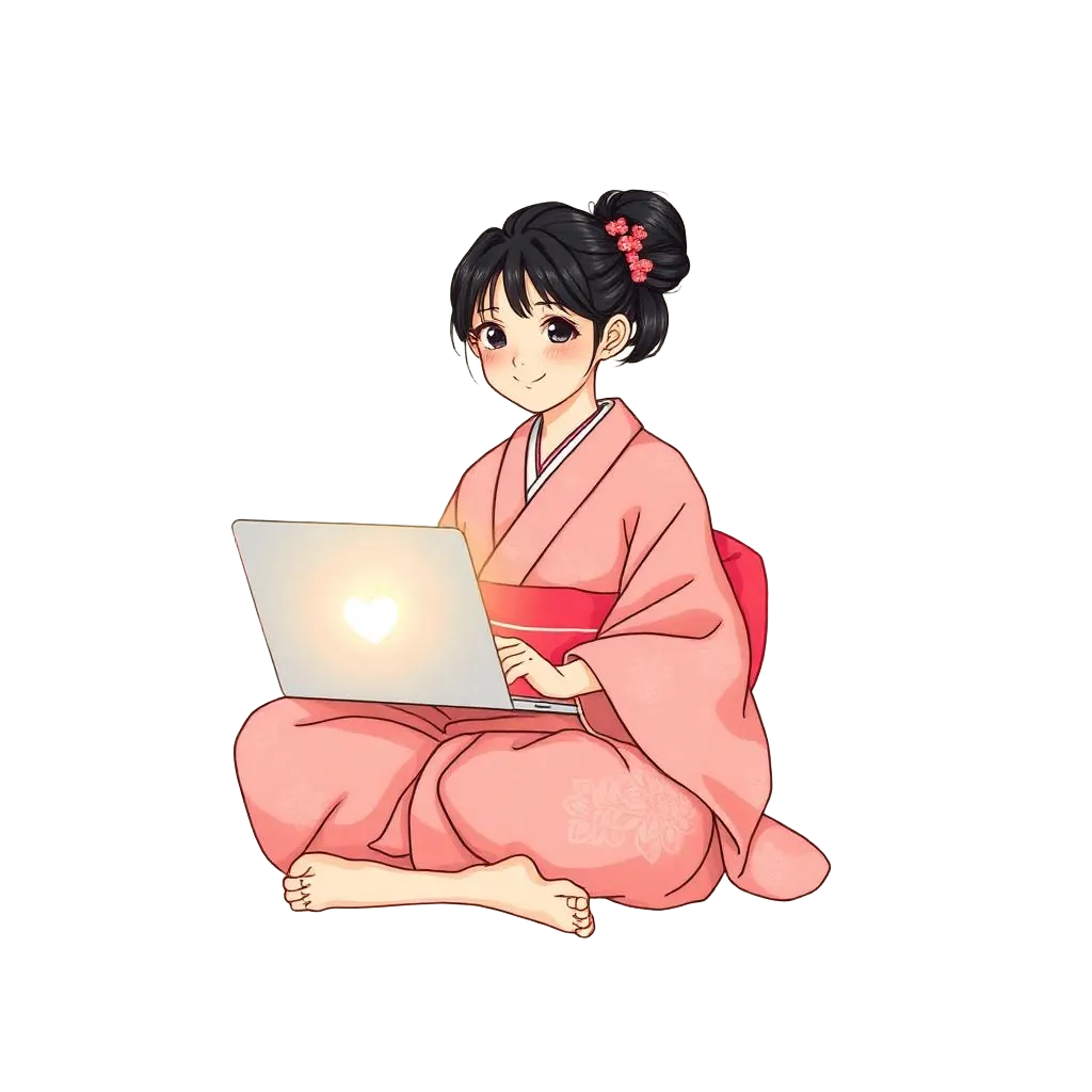 Young coder in a kimono with laptop